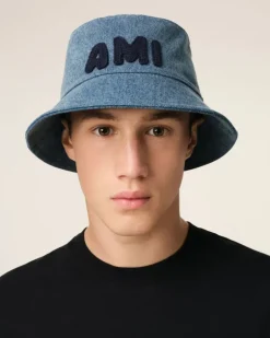 Ami Paris Blue Cotton Patch Bucket Hat USED BLUE Cheap
