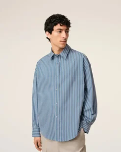 Ami Paris Blue Cotton Boxy Fit Shirt BLUE NOTE/WHITE/NAVY BLUE Hot
