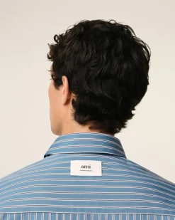 Ami Paris Blue Cotton Boxy Fit Shirt BLUE NOTE/WHITE/NAVY BLUE Hot