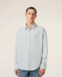 Ami Paris Blue Cotton Boxy Fit Shirt WHITE/BLUE NOTE Best Sale