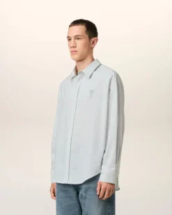 Ami Paris Blue Cotton Boxy Fit Shirt WHITE/BLUE NOTE Best Sale