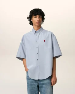 Ami Paris Blue Cotton Boxy Fit Short Sleeves Shirt BLUE NOTE Clearance