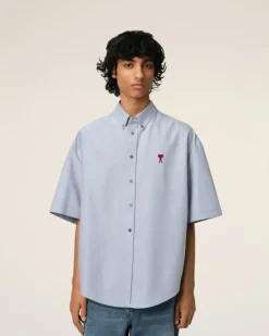 Ami Paris Blue Cotton Boxy Fit Short Sleeves Shirt BLUE NOTE Clearance