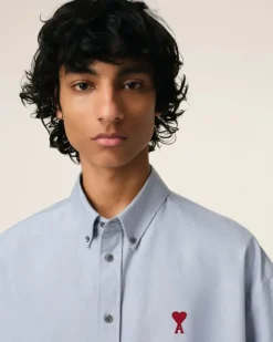 Ami Paris Blue Cotton Boxy Fit Short Sleeves Shirt BLUE NOTE Clearance