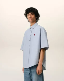 Ami Paris Blue Cotton Boxy Fit Short Sleeves Shirt BLUE NOTE Clearance