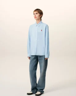 Ami Paris Blue Cotton Button-Down Ami de Coeur Shirt SKY BLUE Best Sale