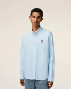 Ami Paris Blue Cotton Button-Down Ami de Coeur Shirt SKY BLUE Best Sale