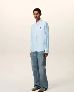 Ami Paris Blue Cotton Button-Down Ami de Coeur Shirt SKY BLUE Best Sale