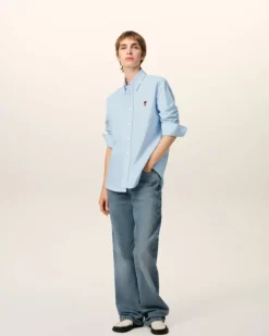 Ami Paris Blue Cotton Button-Down Ami de Coeur Shirt SKY BLUE Best Sale