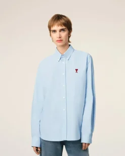 Ami Paris Blue Cotton Button-Down Ami de Coeur Shirt SKY BLUE Best Sale