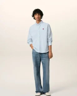 Ami Paris Blue Cotton Button-Down Ami de Coeur Shirt SKY BLUE/NATURAL WHITE Fashion