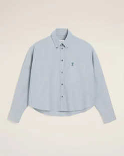 Ami Paris Blue Cotton Button-Down Cropped Oversized Shirt BLUE NOTE Hot
