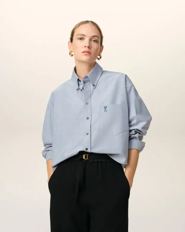 Ami Paris Blue Cotton Button-Down Cropped Oversized Shirt BLUE NOTE Hot