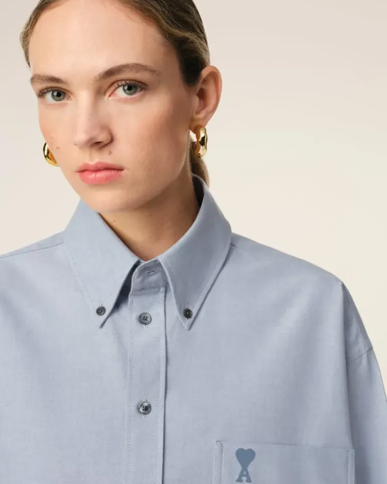 Ami Paris Blue Cotton Button-Down Cropped Oversized Shirt BLUE NOTE Hot