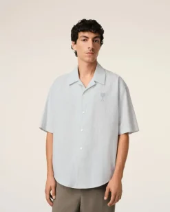 Ami Paris Blue Cotton Camp Collar Short Sleeves Shirt WHITE/BLUE NOTE Shop