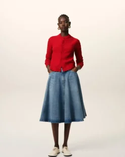 Ami Paris Blue Cotton Midi Skirt With Godets USED BLUE Sale