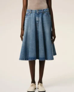 Ami Paris Blue Cotton Midi Skirt With Godets USED BLUE Sale