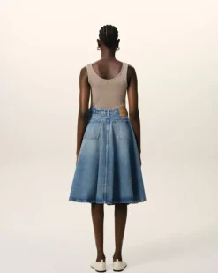 Ami Paris Blue Cotton Midi Skirt With Godets USED BLUE Sale
