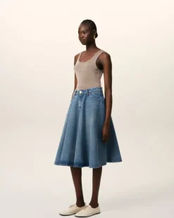 Ami Paris Blue Cotton Midi Skirt With Godets USED BLUE Sale