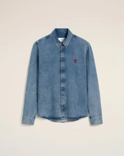 Ami Paris Blue Denim Button-Down Ami de Coeur Shirt USED BLUE Discount