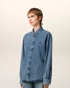 Ami Paris Blue Denim Button-Down Ami de Coeur Shirt USED BLUE Discount
