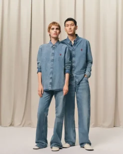 Ami Paris Blue Denim Button-Down Ami de Coeur Shirt USED BLUE Discount