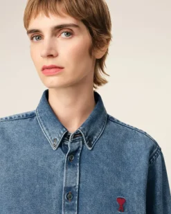 Ami Paris Blue Denim Button-Down Ami de Coeur Shirt USED BLUE Discount