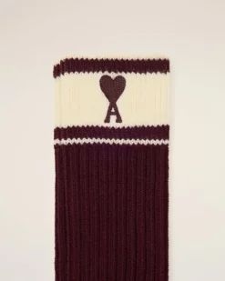 Ami Paris Burgundy Cotton Ami de Coeur Striped Socks EGGPLANT/WHITE CREAM Fashion