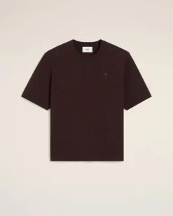 Ami Paris Burgundy Cotton Tonal Ami de Coeur T-Shirt EGGPLANT Flash Sale