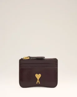 Ami Paris Burgundy Leather Paris Paris Zipped Card Holder EGGPLANT Cheap