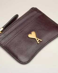 Ami Paris Burgundy Leather Paris Paris Zipped Card Holder EGGPLANT Cheap