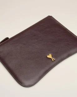 Ami Paris Burgundy Leather Paris Paris Pouch EGGPLANT Sale