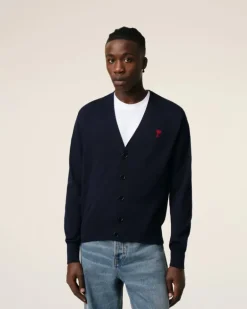 Ami Paris Cardigan With Embroidery Ami de Coeur NIGHT BLUE Discount