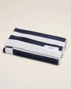 Ami Paris Green Cotton Ami de Coeur Beach Towel WHITE CREAM/NAVY BLUE Clearance