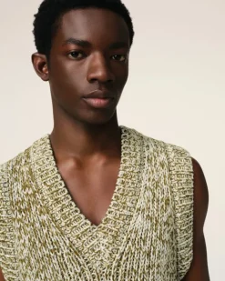 Ami Paris Green Cotton And Wool Sleeveless V Neck Sweater WHITE CREAM/LICHEN Cheap