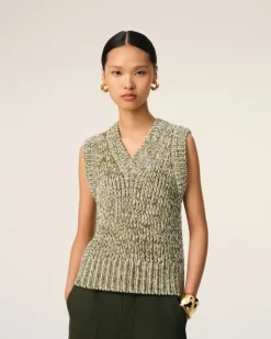 Ami Paris Green Cotton And Wool Sleeveless V Neck Sweater WHITE CREAM/LICHEN Cheap