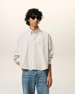 Ami Paris Green Cotton Cropped Oversized Shirt LODEN/WHITE CREAM Discount