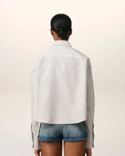 Ami Paris Green Cotton Cropped Oversized Shirt LODEN/WHITE CREAM Discount