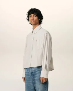 Ami Paris Green Cotton Cropped Oversized Shirt LODEN/WHITE CREAM Discount