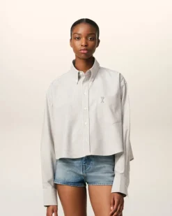 Ami Paris Green Cotton Cropped Oversized Shirt LODEN/WHITE CREAM Discount