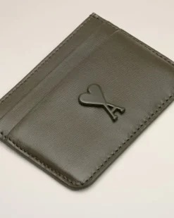 Ami Paris Green Leather Ami de Coeur Card Holder BLACK OLIVE Store