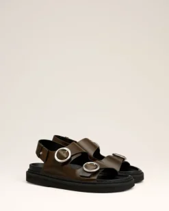 Ami Paris Green Leather Fussbet Midi Sandals BLACK OLIVE New