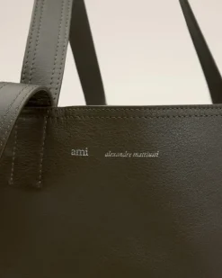 Ami Paris Green Leather Midi Tote Bag BLACK OLIVE Best