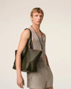 Ami Paris Green Leather Midi Tote Bag BLACK OLIVE Best