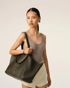 Ami Paris Green Leather Midi Tote Bag BLACK OLIVE Best
