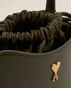 Ami Paris Green Leather Mini Paris Paris Bucket Bag BLACK OLIVE Clearance