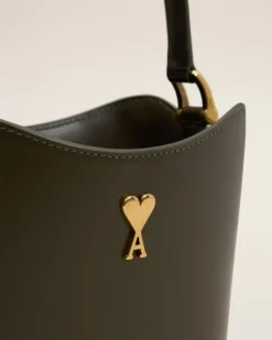 Ami Paris Green Leather Mini Paris Paris Bucket Bag BLACK OLIVE Clearance