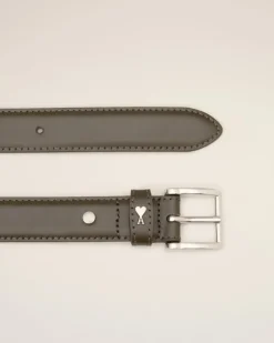 Ami Paris Green Leather Paris Paris Belt BLACK OLIVE/VIBRATED SILVER Cheap