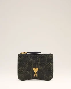 Ami Paris Green Leather Zipped Card Holder BLACK OLIVE Best