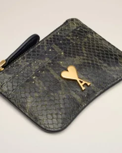 Ami Paris Green Leather Zipped Card Holder BLACK OLIVE Best